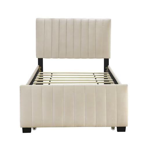 Harper & Bright Designs Platform Bed, Merax Twin Size Velvet Upholstered Bed Frame with Twin Size Trundle for Bedroom, Wood Slat Support, No Box Spring Needed, Easy Assembly, Beige