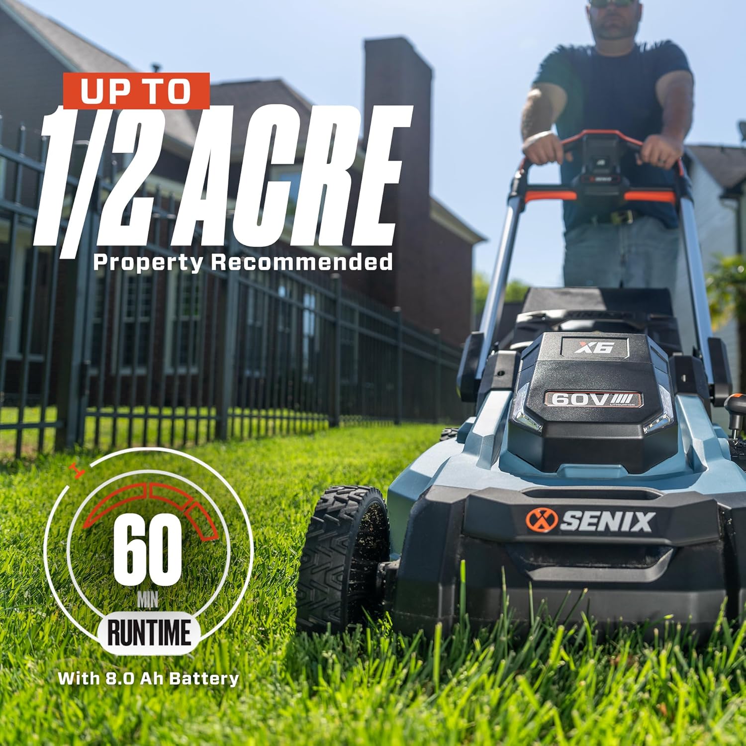 SENIX X6 60 Volt Max* 21-Inch 3-in-1 Cordless Push Lawn Mower, with Bagging, Mulching, and Side Discharge, Height Adjustment, Smart Display, 6Ah Lithium-ion Battery & Charger Included (LPPX6-H)