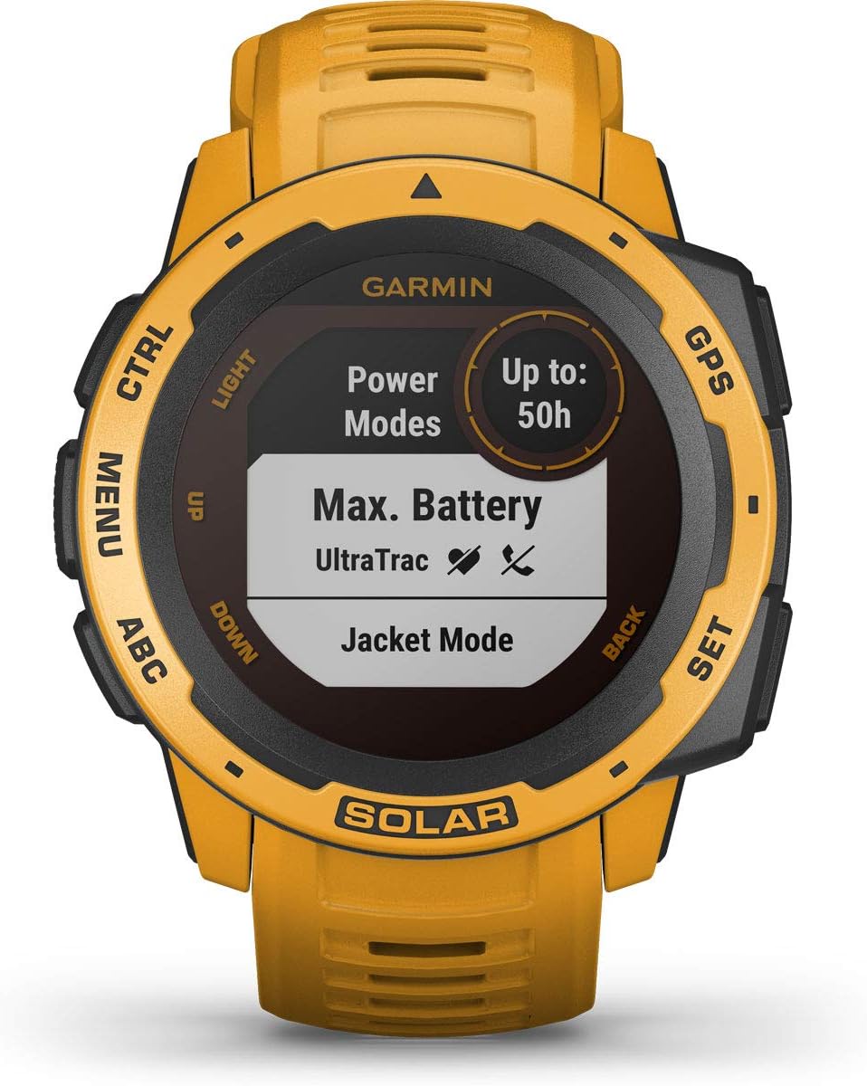 Garmin Instinct Solar, Rugged Outdoor Smartwatch with Solar Charging Capabilities, Built-in Sports Apps and Health Monitoring, Sunburst Yellow