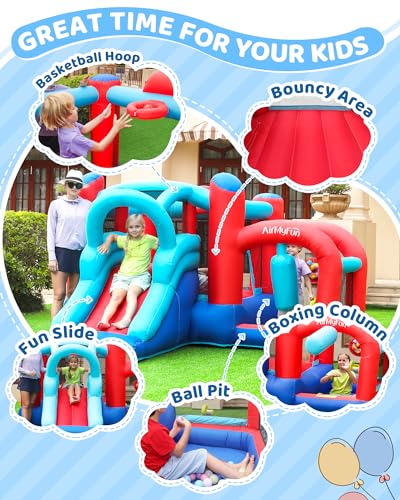 Bounce House, Bouncy House with Slide, Indoor Outdoor Inflatable Bounce House for Kids, Bounce Castle with Jumping House, Ball Pit, Basketball Hoop and Target Balls