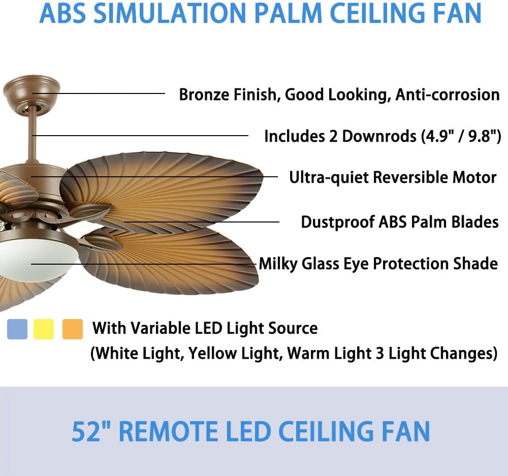 52" Tropical Palm Ceiling Fan with LED Light and Five Palm Leaf Blades - New Bronze Finish