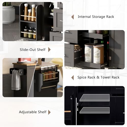 Kitchen Island with Storage and 3 Drawers on Wheels,Rolling Kitchen Cart w/Rubber Wood Top and 2 Slide-Out Shelf,Spice Rack & Tower Rack,Grey Blue