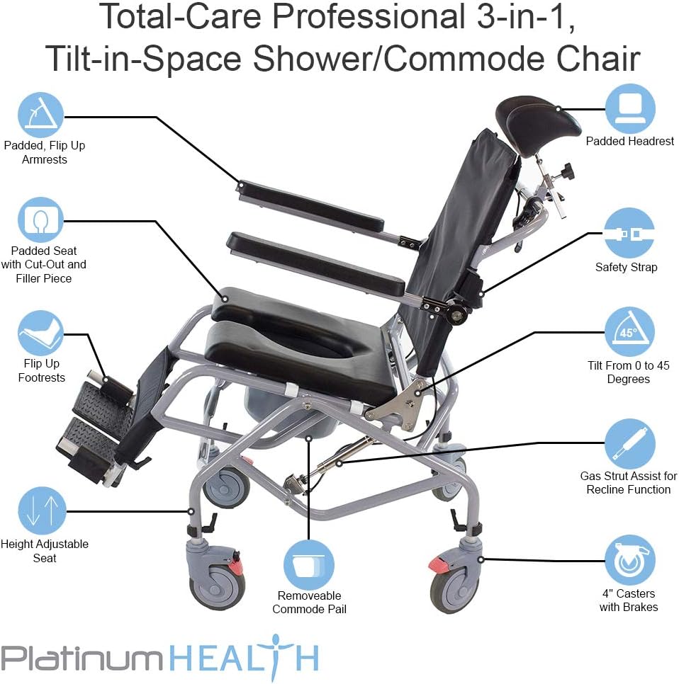 Professional Tilt-in-Space Reclining Shower/Commode Chair. Padded. Flip-up Arm and Foot Rests. Includes Locking Casters, Commode Pail and Adjustable Headrest. Total-Care 3-in-1 Multifunction Chair.