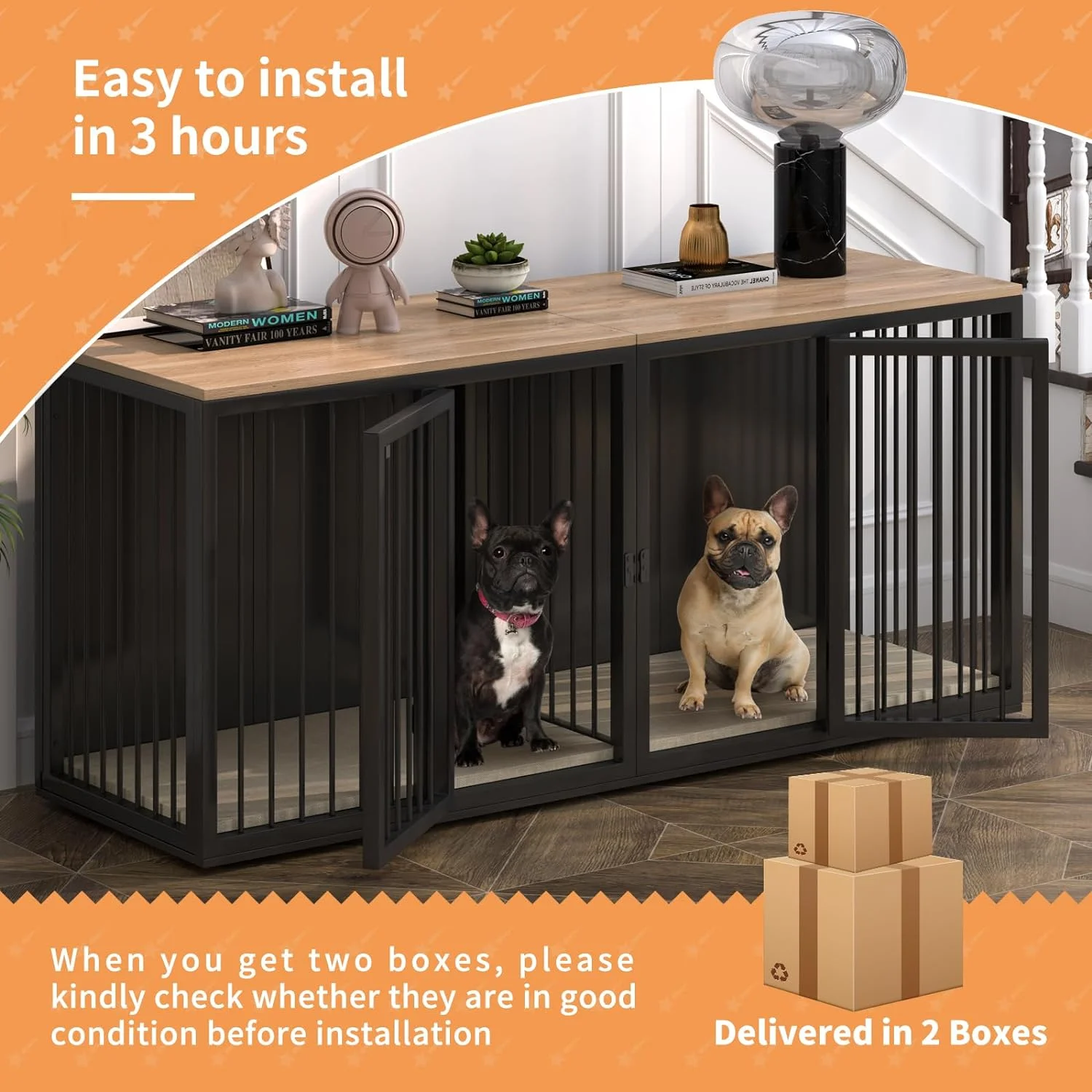 Cuoote Dog Crate Furniture for 2 Dogs, Large Kennel Furniture with Partition and Double Cage, 71.6" All-Steel Frame and Wooden Top Kennel, Suitable for Medium and Large Dogs (Black)