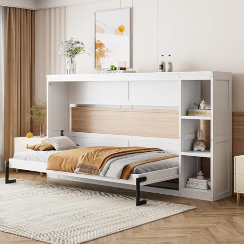 Full Murphy Bed with Storage Shelves,Wood Murphy Bed Cabinet with Storage Bookcase,Fold Up Bed Modern Murphy Wall Bed Full Size (White,Full)