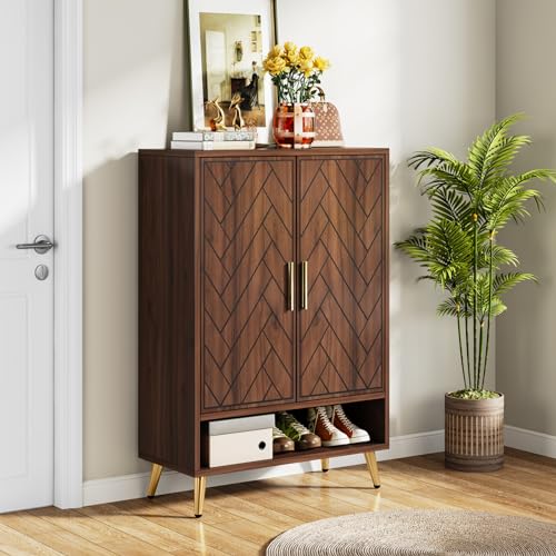 Tribesigns Walnut Shoe Cabinet with Doors, 6-Tier 24 Pairs Shoe Storage Cabinet for Entryway (Brown)