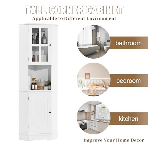 Tall Corner Cabinet,Free Standing Corner Storage Cabinet with Adjustable Shelves and Doors,Open Storage for Bathroom Kitchen Living Room White