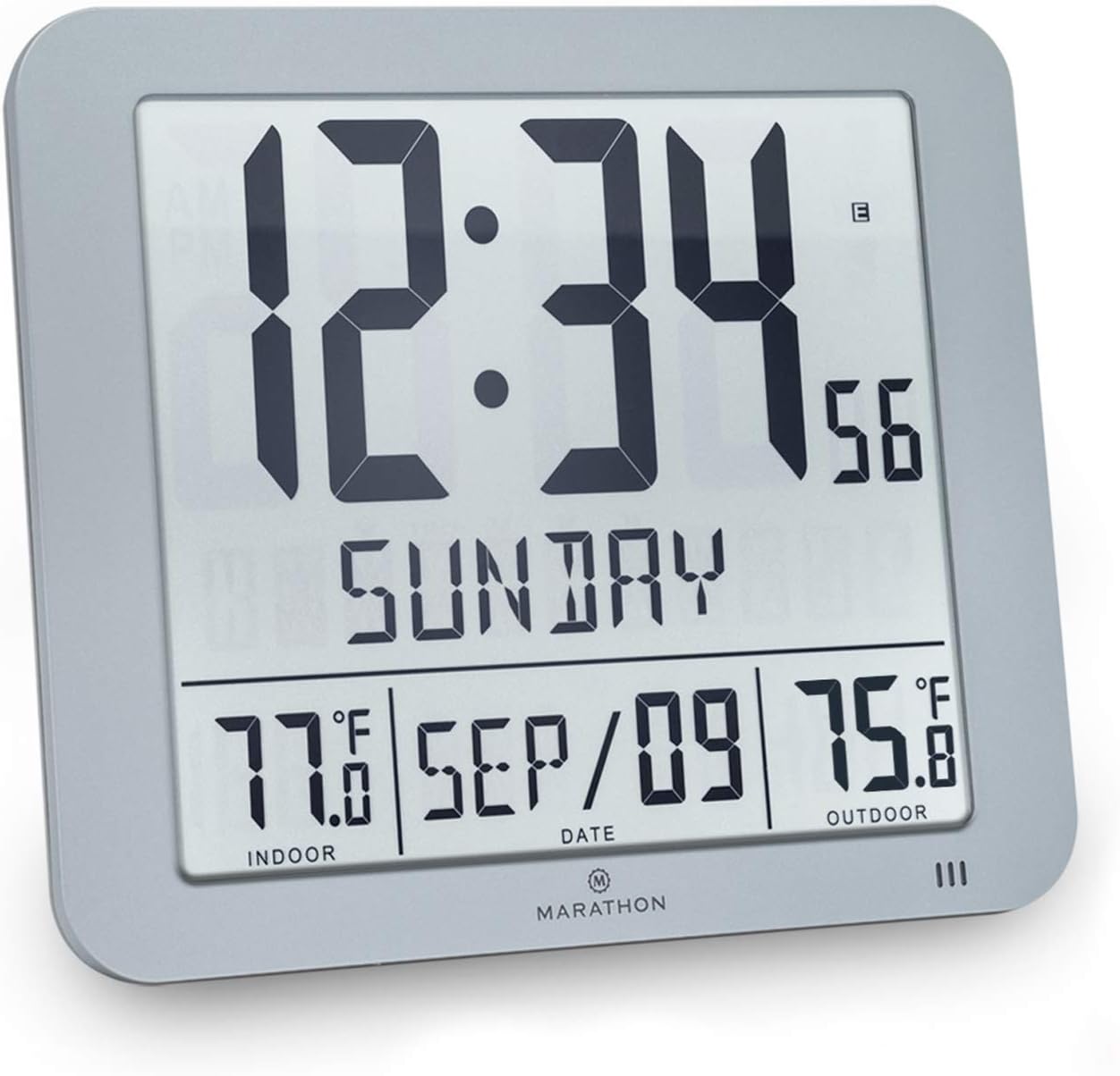 MARATHON Slim Atomic Wall Clock with Indoor/Outdoor Temperature, Full Calendar and Large Display - Batteries Included - CL030027-FD (Graphite Grey)