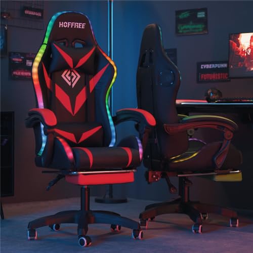 HOFFREE Gaming Chair Massage with Bluetooth Speakers and Led Lights Ergonomic Computer Gaming Chair with Footrest RGB Video Game Chair with High Back Lumbar Support Blue and Black