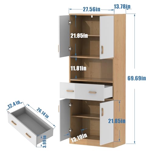 Oak and White Kitchen Pantry Cabinet, 70" Tall Kitchen Storage Cabinet with doors and drawer, Freestanding Wooden Storage Cabinet for Kitchen, Dining Room