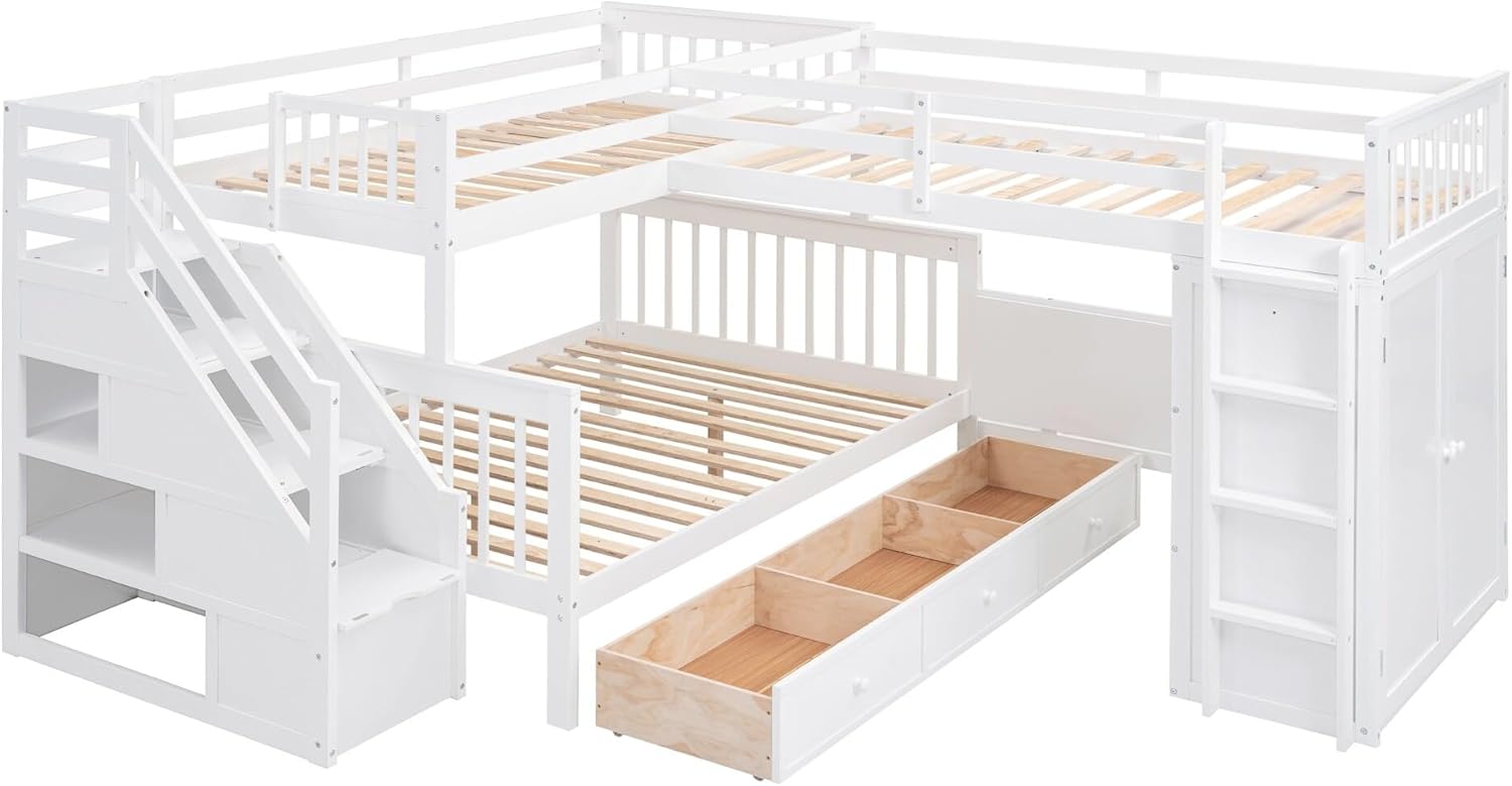 Twin-Twin Over Full L-Shaped Bunk Bed W/3 Drawers Wardrobe Solid Wood W/Portable Desk Ladder Guardrail White Modern Contemporary Unisex Nature Space Pine Finish