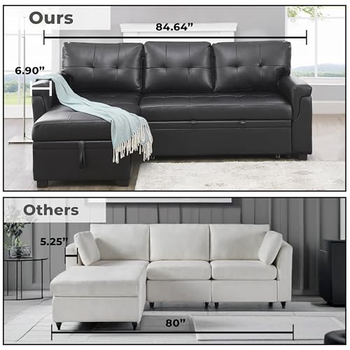 Naomi Home Jenny Sectional Sofa Sleeper with Storage Chaise, Tufted Pull Out Couch with Storage, L-Shaped Reversible Sleeper Sofa with Storage, Black,Air Leather