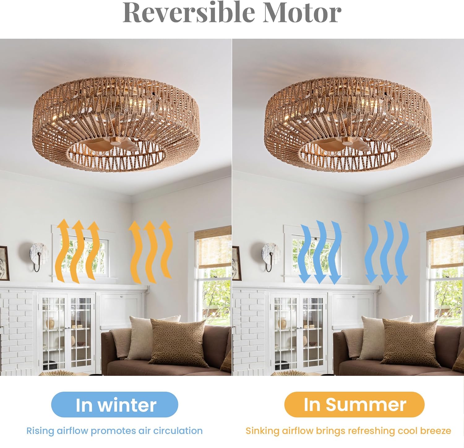 20" Boho Caged Fandelier with Lights Flush Mount Rattan Ceiling Fan with Lights and Remote Control, Enclosed 6 Speeds Low Profile Fan Light for Bedroom, Living Room, Kitchen