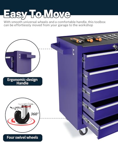 Heavy-Duty 7-Drawer Rolling Tool Chest with Wheels, Steel Tool Storage Cabinet with Lock & Liner for Workshop for Workshop/Garage - Includes 7 Organizer Boxes, Black