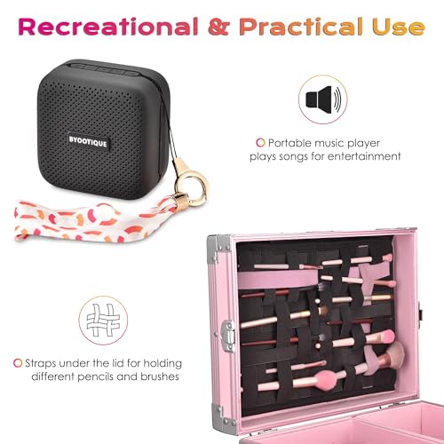 BYOOTIQUE Masslux Foldable Rolling Manicure Table Nail Desk Makeup Train Case with 4 Drawers Mirror & Speaker, Pink