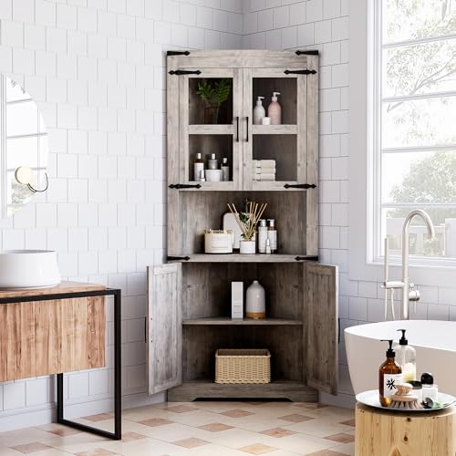 Farmhouse Corner Cabinet, Tall Corner Cabinet with Barn Door & Adjustable Shelves, Corner Storage Cabinet for Living Room, Kitchen, Bathroom, White