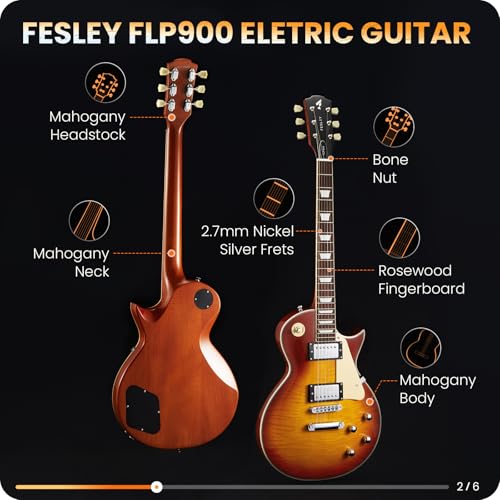 Fesley LP Electric Guitar with Arched Top:39" Solid Body Electric Guitars with Mahogany Body and Rosewood Fretboard,Electric Guitar with Humbucker Pickups, Guitarra Eléctrica with Alice String,Gold