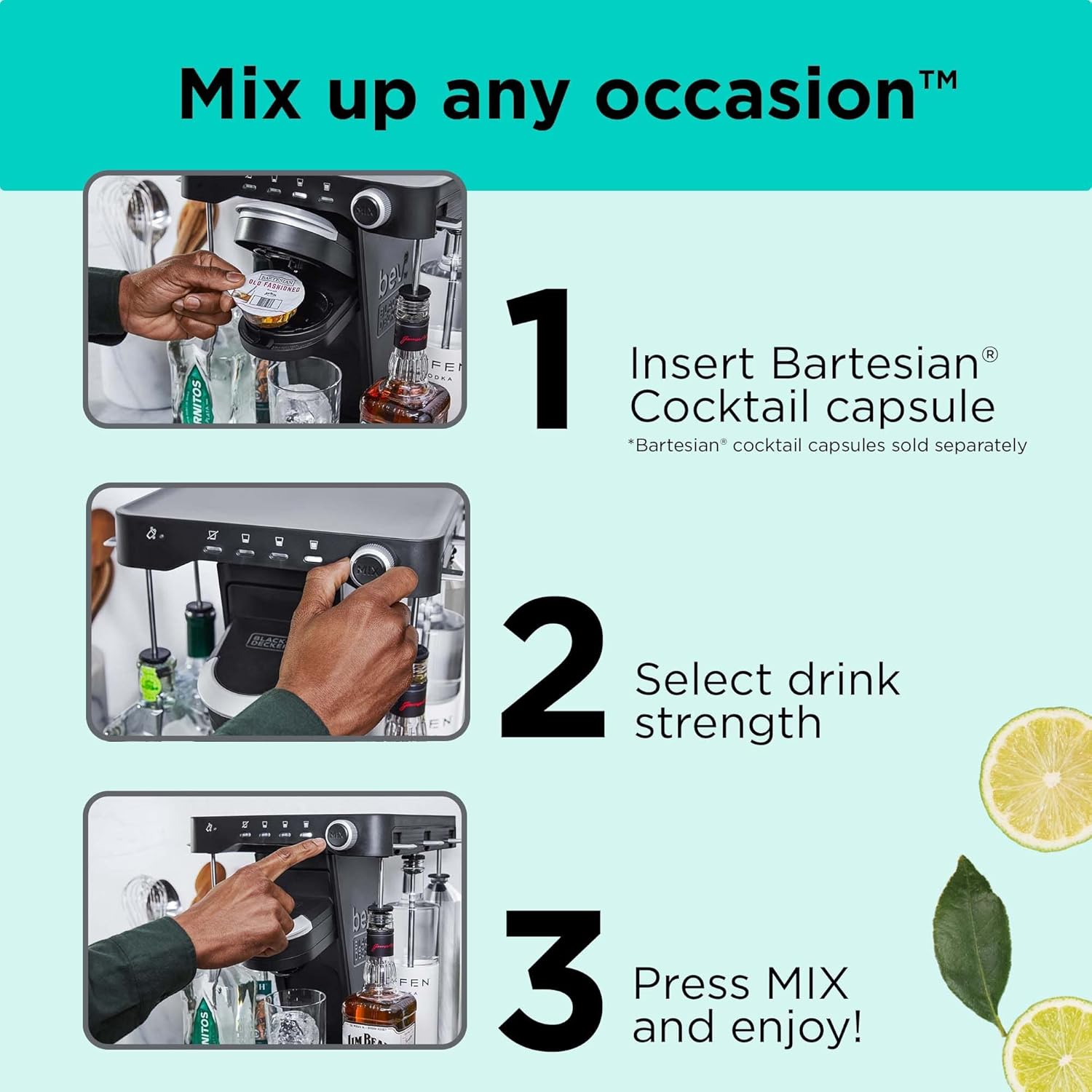 bev by BLACK+DECKER Cocktail Maker Machine, Bar Mat, and Glass Liquor Dispenser Bottles