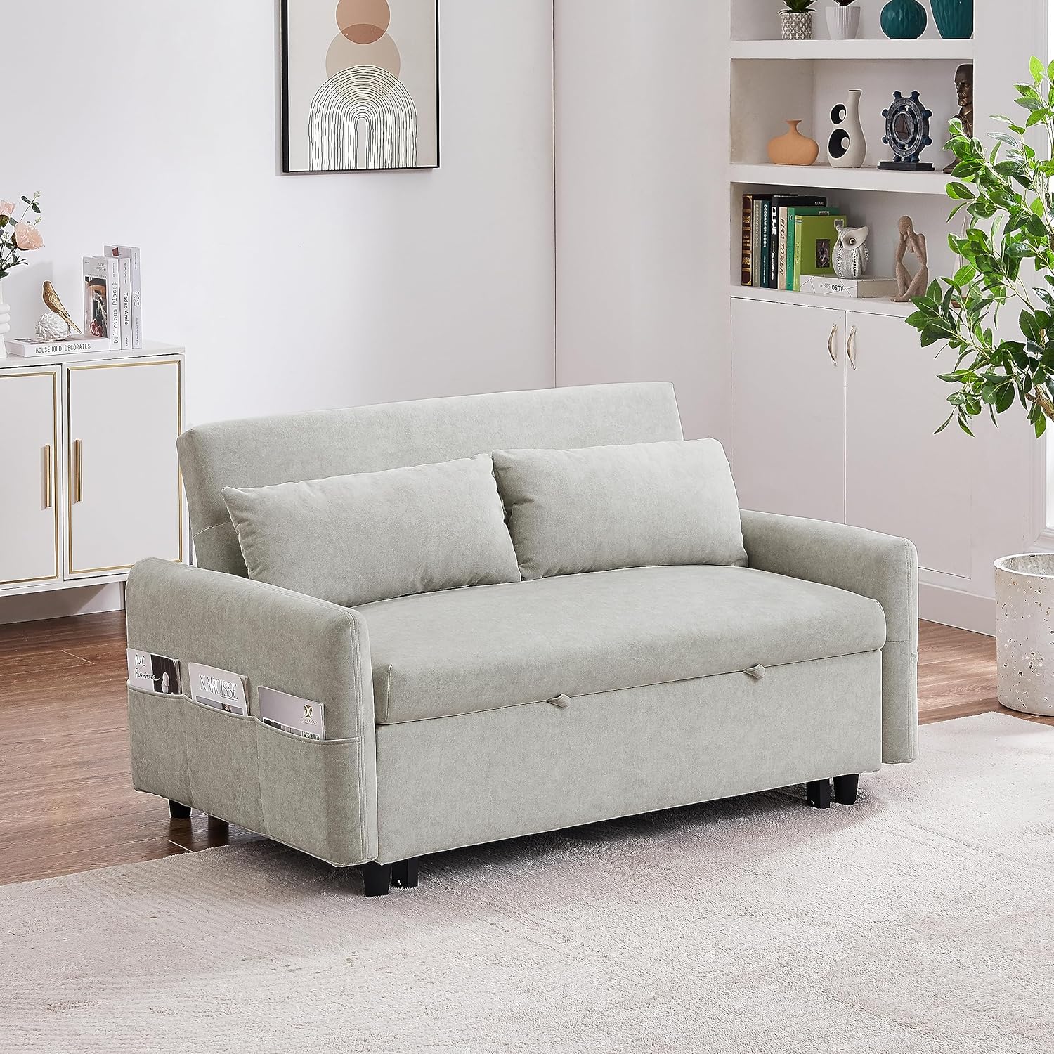 55" Sleeper Sofa with Pull Out Bed, Futon Couch w/USB Ports, 3-in-1 Convertible Loveseats w/Adjustable Backrest, Side Storage Pockets & Two Pillows for Living Room, Apartment, Beige