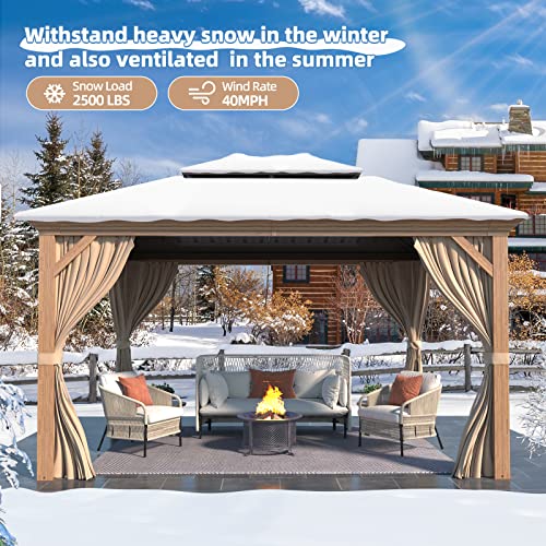 MELLCOM 12'x16' Hardtop Gazebo, Galvanized Steel Metal Double Roof Canopy with Curtains and Netting, Brown Permanent Pavilion Gazebos with Aluminum Frame for Garden, Patio, Lawns, Deck