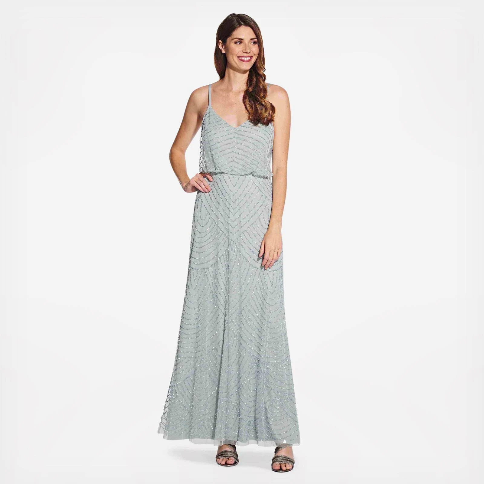 Adrianna Papell Art Deco Beaded Blouson Gown, Green, Size: 0