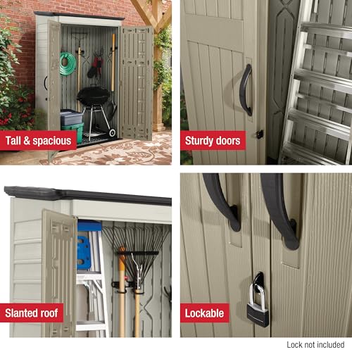 Rubbermaid Vertical Resin Outdoor Storage Shed With Floor (4 x 2.5 Ft) Weather Resistant Beige/Brown Organization for Home/Backyard/Pool Chemicals/Toys/Garden Tools/Porch/Patio Cushions