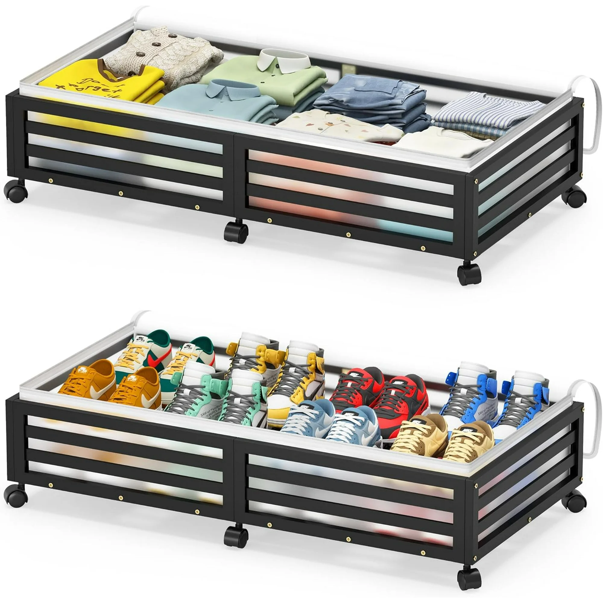 Under Bed Storage Containers With Wheels - 2 Pcs Bamboo Wood Rolling Underbed Shoe Storage Bins With Dust Bags for Clothes Blankets, Duvet Covers Snacks Toys (Walnut)