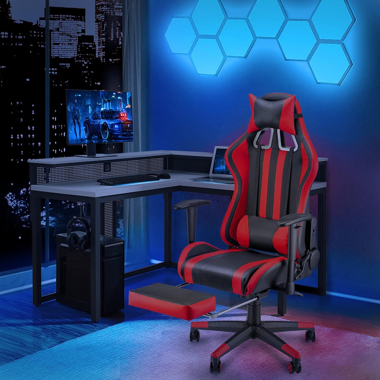 Soontrans Gaming Chair with Footrest,Ergonomic Office Chair,Computer Chair,Sillas Gamer Chair,Video Game Chairs with Backrest,Headrest and Lumbar Pillow for Adults(Black/Red)