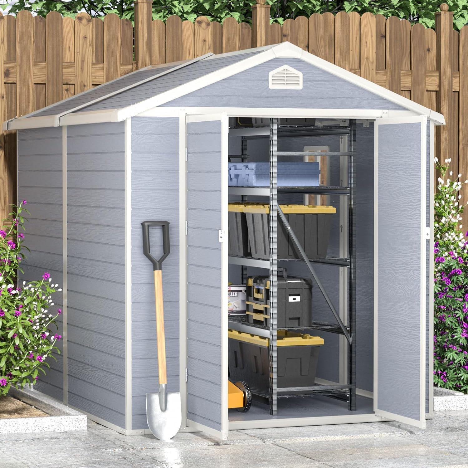 Aoxun 6'x8' Resin Outdoor Storage Shed Utility Tool Shed Storage House, Multi-Purpose Utility Tool House for Backyard, Patio Furniture, and Bikes - Gray