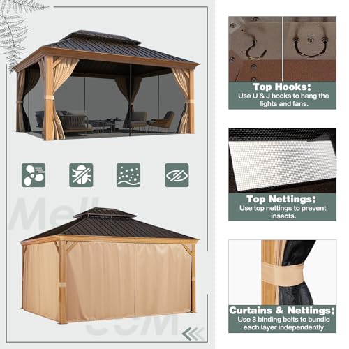 MELLCOM 12'x16' Hardtop Gazebo, Galvanized Steel Metal Double Roof Canopy with Curtains and Netting, Brown Permanent Pavilion Gazebos with Aluminum Frame for Garden, Patio, Lawns, Deck
