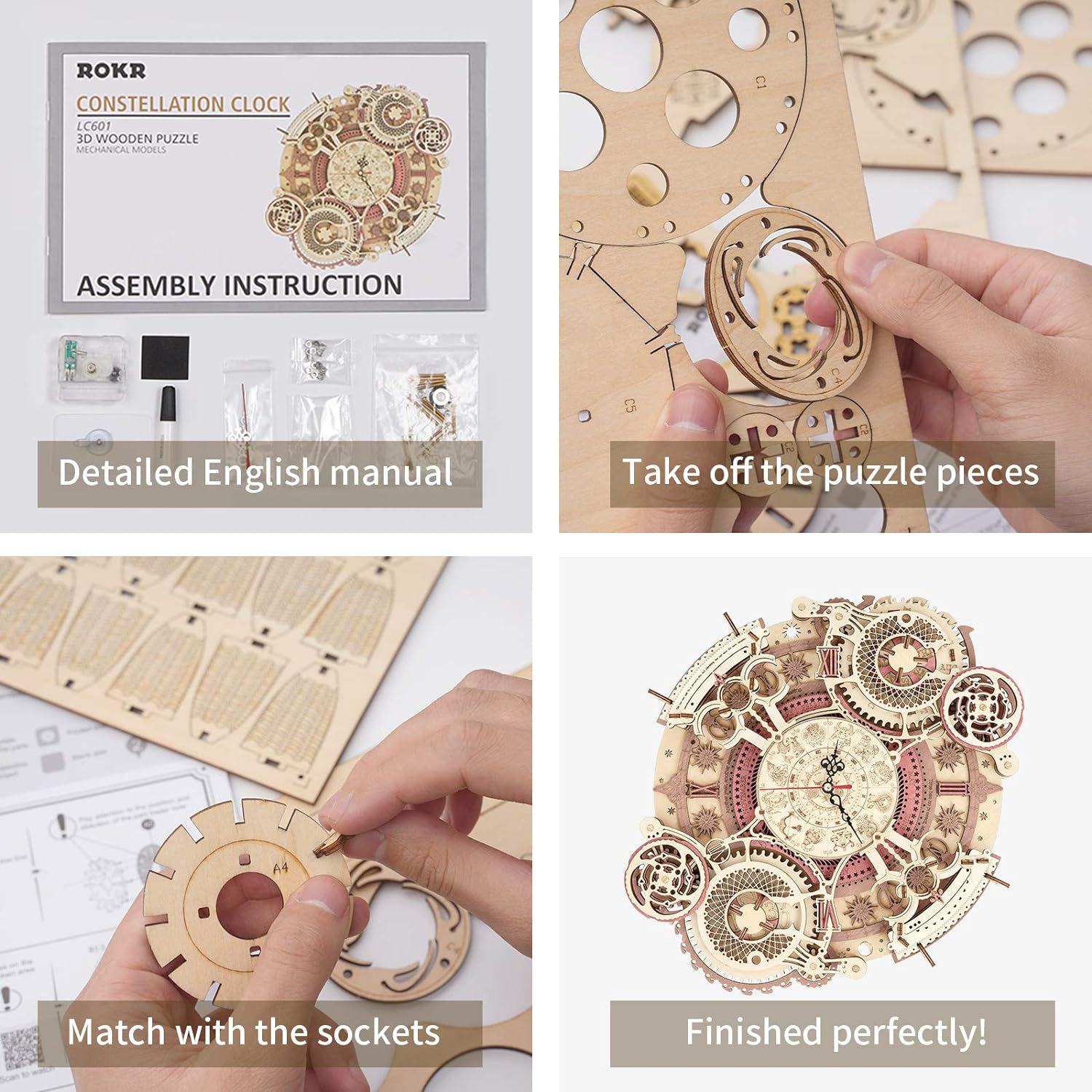 ROKR 3D Wooden Puzzles Zodiac Wall Clock Model Kits to Build DIY Mechanial Building Set for Adults Birthday