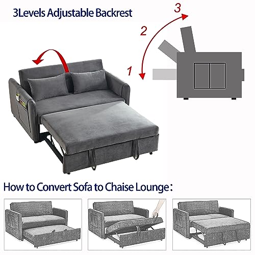 3-in-1 Versatile Convertible Sofa Bed, Velvet Double Sofa with Pull-out Bed, Futon Couch with Adjustable Backrest and Side Pocket,Loveseats Sofa Bed,Square Arms, for Living Room Apartment, Grey