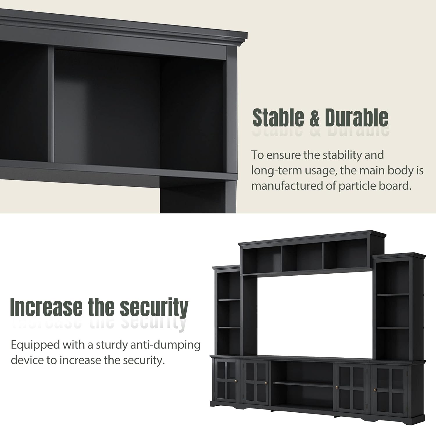 Modern Entertainment Wall Unit Bookshelves, Console Table Minimalism Multifunctional Stand for TVs Up to 70" with Glass Doors & Shelves for Living Room,Home Theater,Black, with Bridge