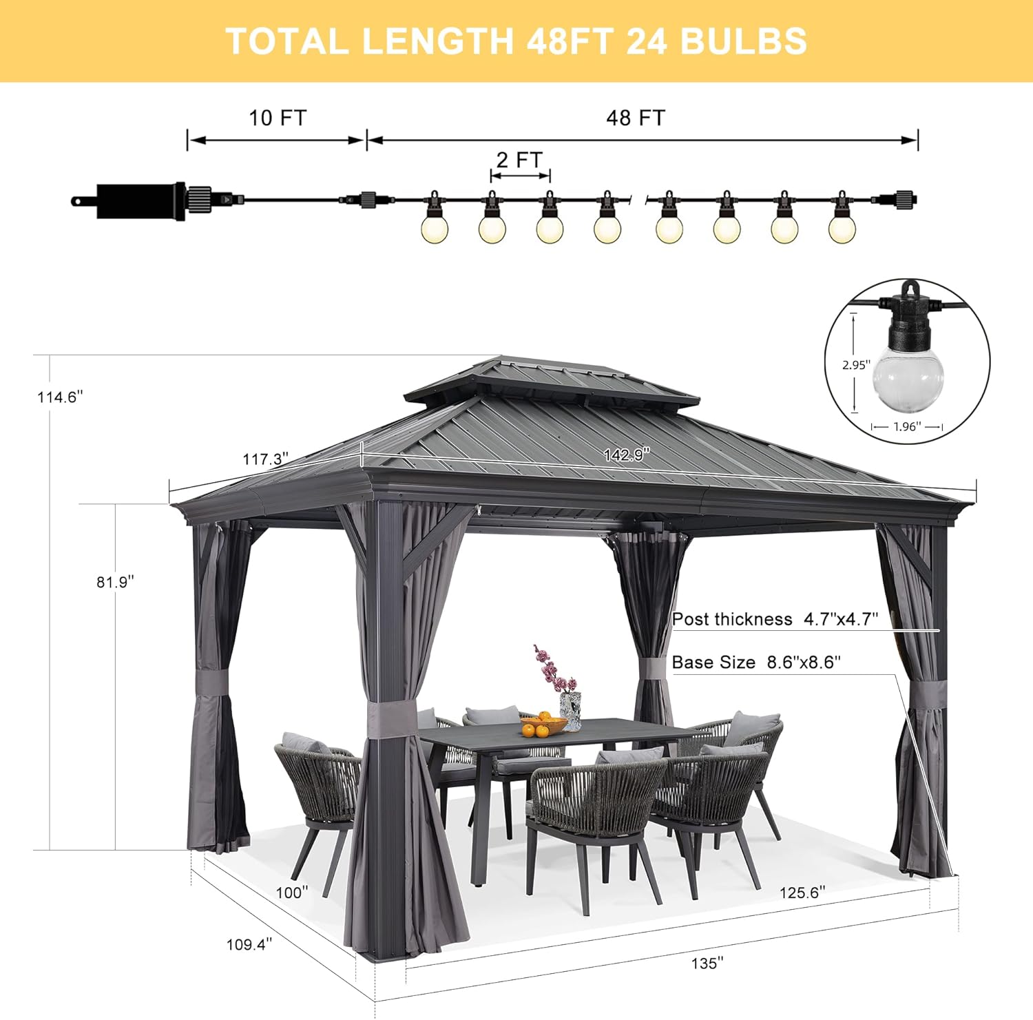 PURPLE LEAF 10' X 12' Hardtop Gazebo with Light Galvanized Steel Double Roof Outdoor Gazebo for Patio Lawn and Garden Grey