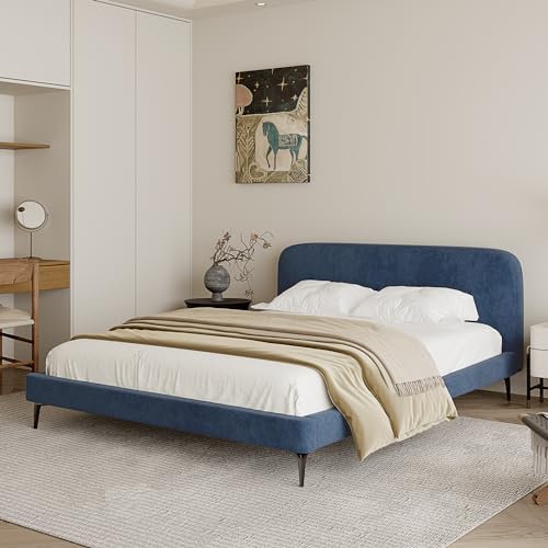 Acanva Modern Minimalist Upholstered Platform Bed Frame with Headboard, Mattress Foundation Base with Metal Slats Support, No Box Spring Needed, Non-Slip, White, Full Size