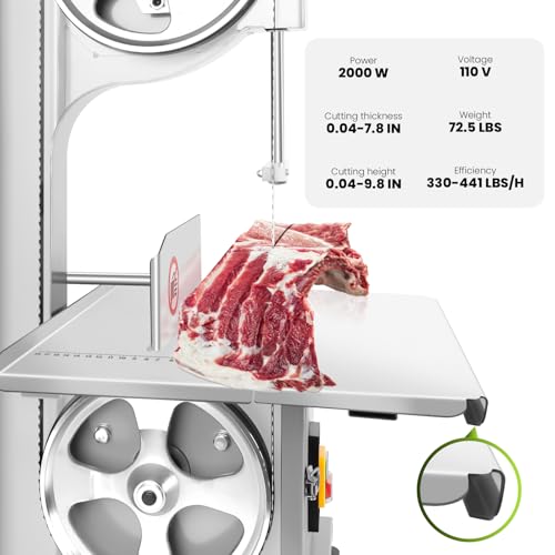 Meat Cutting Bandsaw Machine, 1500W Electric Bone Saw for Butchering with 19" x 14" Stainless Steel Workbench, 8 Saw Blades, 0.04-3.9" Cutting Thickness, Frozen Meat Cutter for Ribs (1500W)