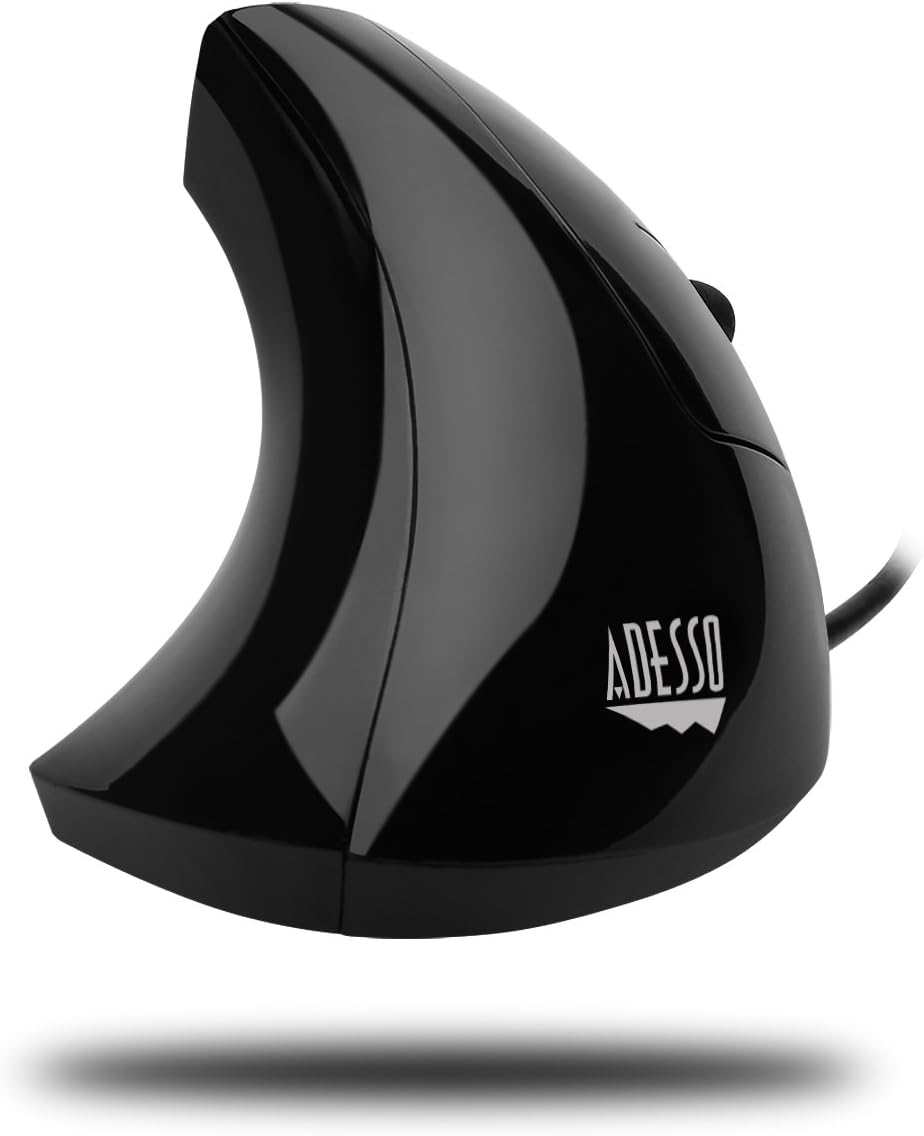 Adesso iMouse E1 - Vertical Ergonomic Illuminated Mouse - Optical - Cable - Glossy Black - USB - 1600 dpi - Scroll Wheel - 6 Button(s) - Right-Handed Only - IMOUSE E1