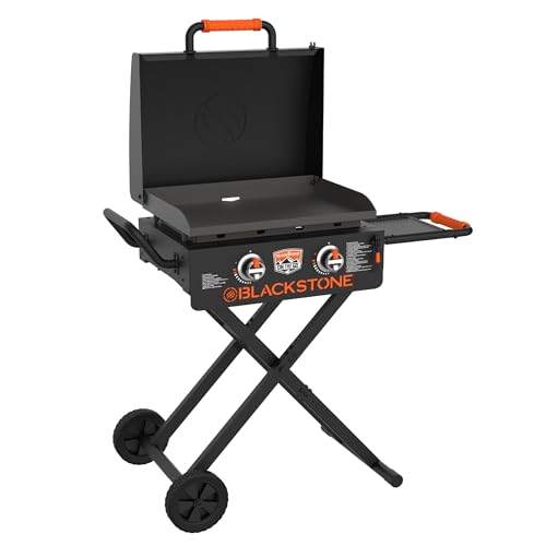 Blackstone 22” On The Go Scissor-Leg Griddle with Two Burners -Stainless Steel Gas Griddle with Hood, Wheels, Side Shelf –Heavy Duty Outdoor Stainless Steel Griddle for Backyard, Patio Camping –1935