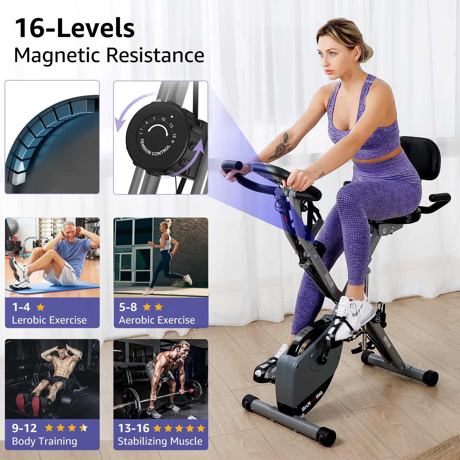 KURONO Stationary Exercise Bike for Home Workout |2023 Upgraded 4 IN 1 Foldable Indoor Cycling Bike for Seniors | 330LB Capacity, 16-Level Magnetic Resistance,Adjustments Cement Grey