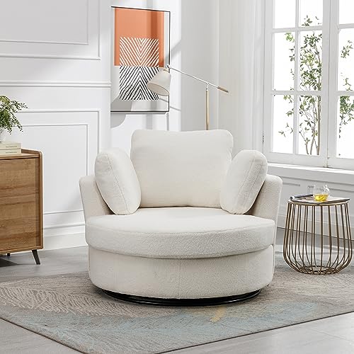 42.2" W Swivel Accent Barrel Chair and Half Swivel Sofa with 3 Pillows 360 Degree Swivel Round Sofa Modern Oversized Arm Chair Cozy Club Chair for Bedroom Living Room Lounge Hotel,Ivory Sherpa