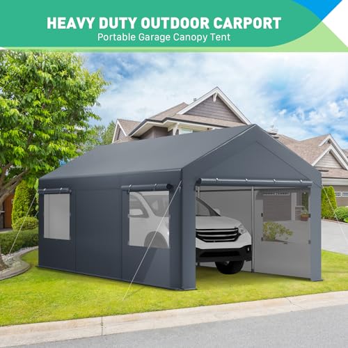 10x20FT Heavy Duty Carport, Portable Garage with Sidewalls, Doors and Ventilated Windows, UV Resistant and Waterproof, Carports 10x20 Heavy Duty for Car, Bike, Boat, Party (Gray)