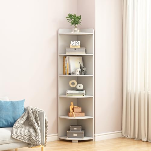 IOTXY 6-Tier Open Corner Shelf - 71" Tall Wooden Floor Standing Corners Bookshelf Rack Stand, Oak