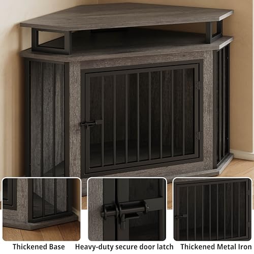IRONCK 51" Corner Wooden Dog Crate Furniture with 2-Tier Shelves, Pet Kennel for Large Dogs, Space-Saving Dog Cage Indoor, Rustic Brown (26.7" L x 51.2" W x 33.5" H)