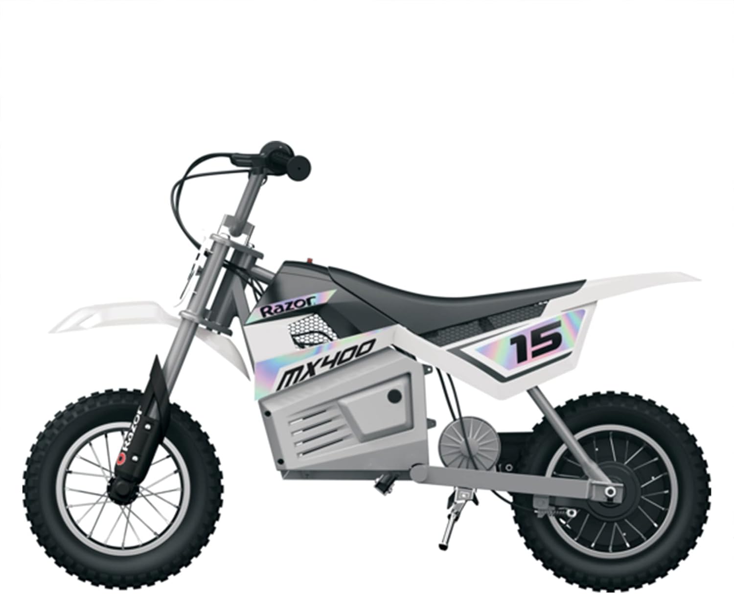 Razor Dirt Rocket 24 Volt Electric Toy Motocross MX400 Dirt Bike with Hand-Operated Brakes and Retractable Kickstand, White (2 Pack)