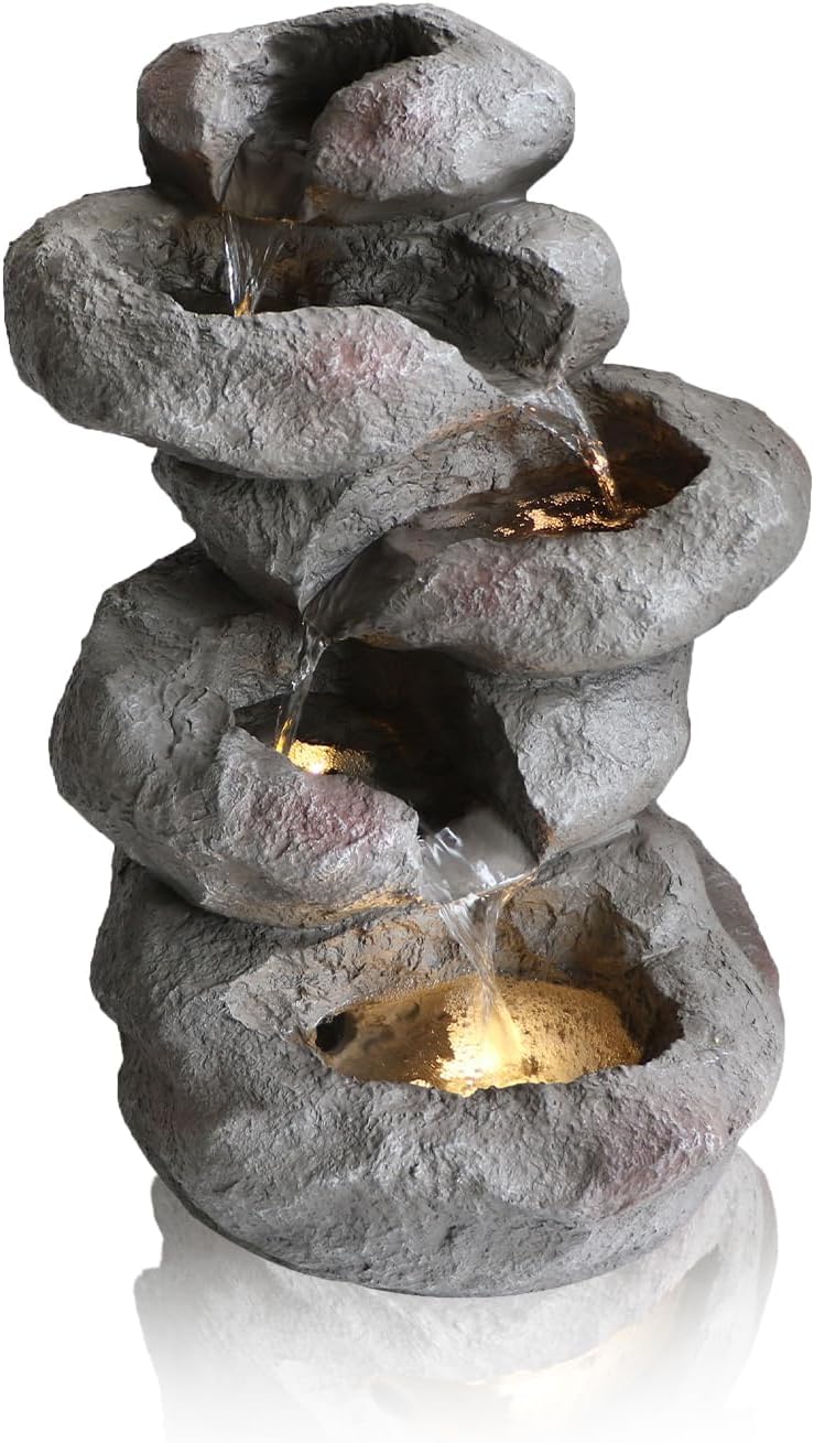 Tower Rock Fountain Fountain with LED Lights, Lighted Cascade Waterfall Freestanding Fountains 5-Tiered Stacked Rocks Outdoor Fountains for Patio and Garden Decor Deep Grey