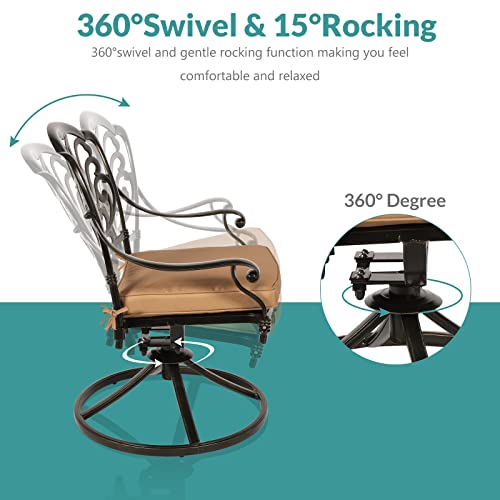MEETWARM 3-Piece Outdoor Patio Dining Set, All-Weather Cast Aluminum Patio Conversation Set for Backyard Garden Deck with 2 Cushions Swivel Rocker Chairs and 31" Round Table, 2.2" Umbrella Hole