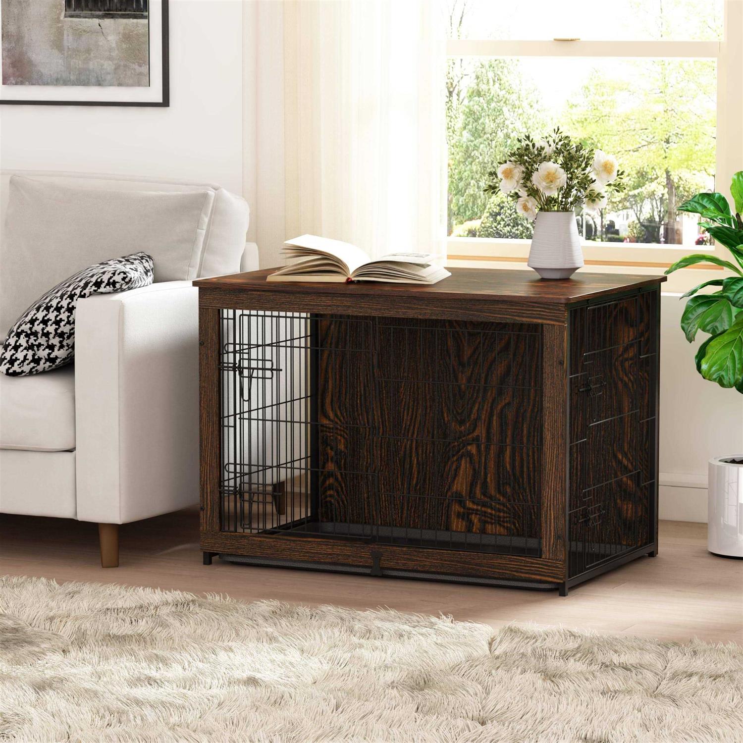 Megidok Wooden Dog Crate Furniture with Cushion Dog Crate End Table with Tray - Pet Supplies online store