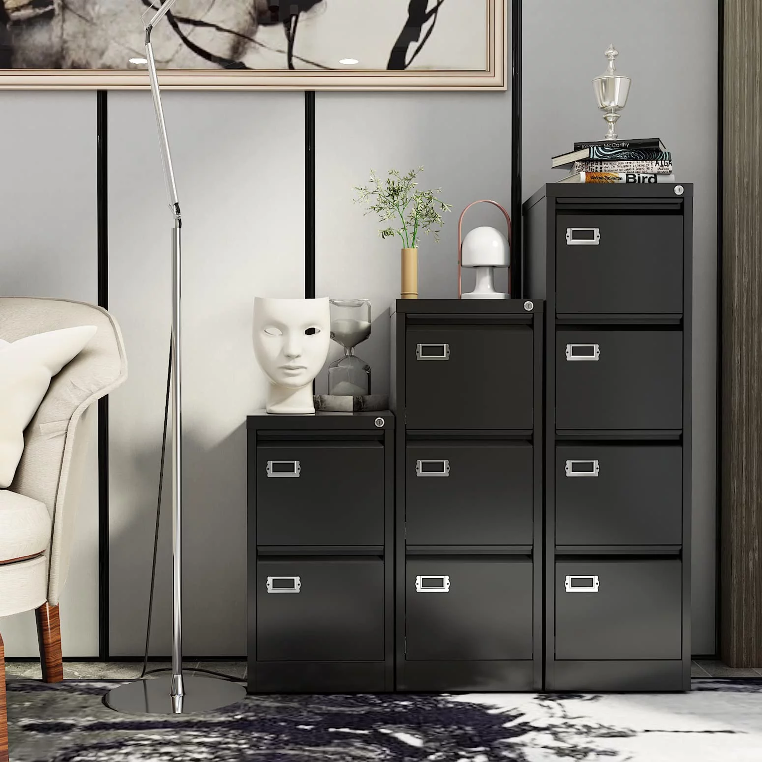 STANI 3 Drawer Black File Cabinet with Lock, Filing Cabinets for Home Office, Metal Locking Office File Storage Cabinets with Drawers, Vertical Small Filing Cabinet Organizer for Legal/A4