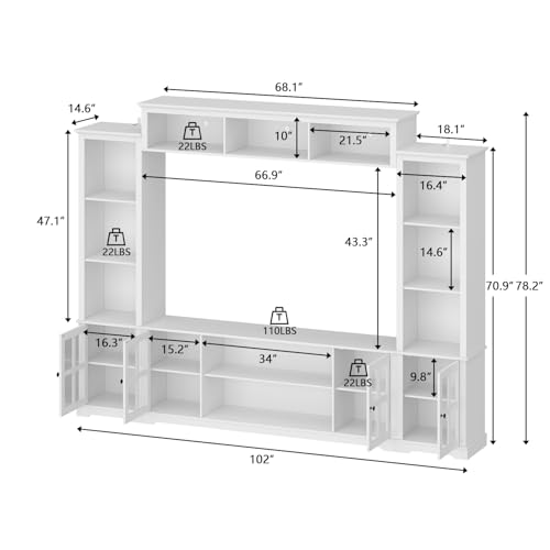 Wall Unit Entertainment Center, TV Wall Units for Living Room with Storage, 102" W Large Farmhouse TV Stand with Glass Doors, Ajustable Bookshelf & Bridge for Bedroom, Grey