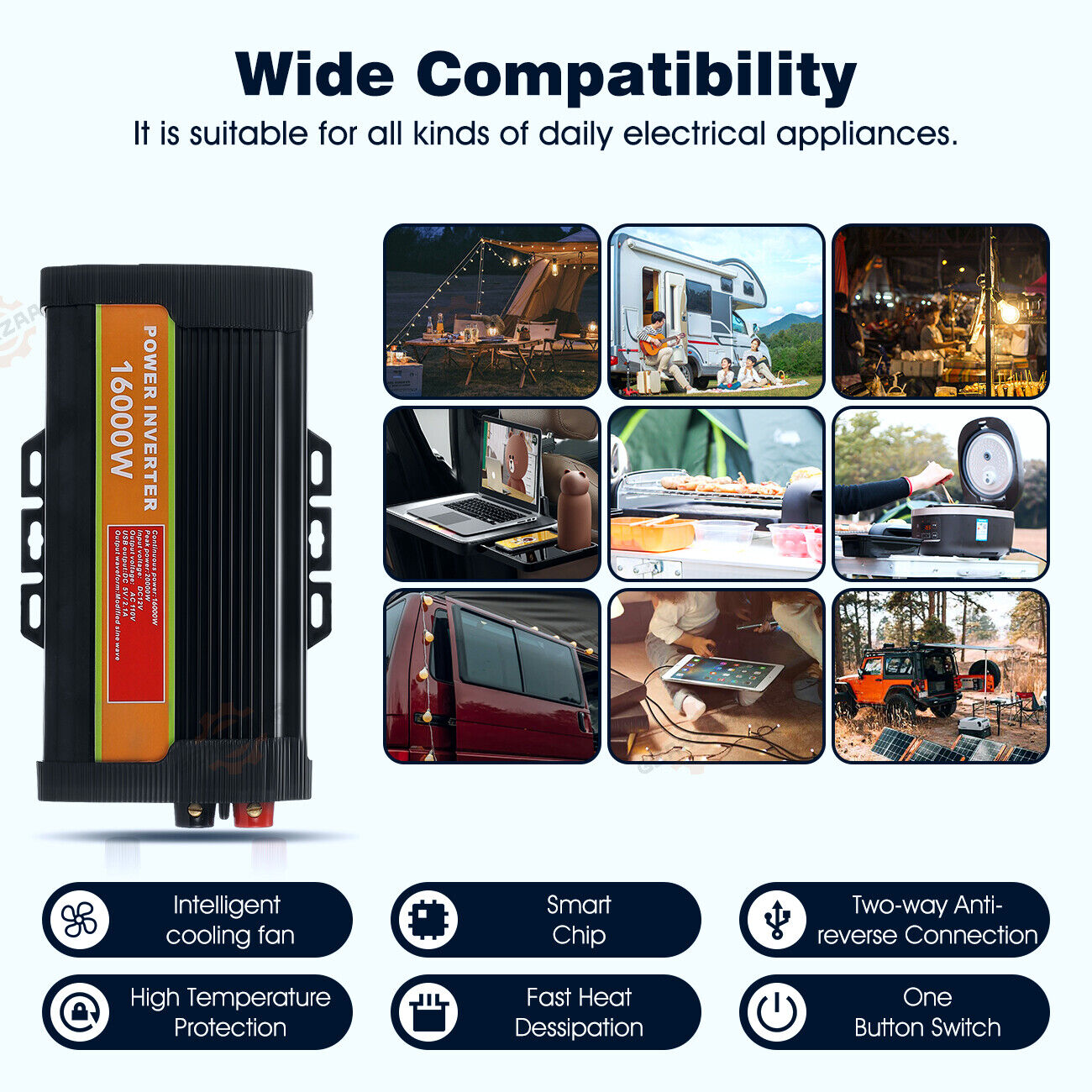 16000W(Peak) Car Power Inverter DC 12V to AC 110/120V Pure Sine Wave Converter